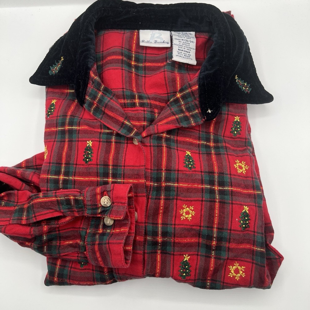 Bobbie Brooks Shirt Womens M Red Plaid Christmas Tree Flannel Gold‎ Embroidery